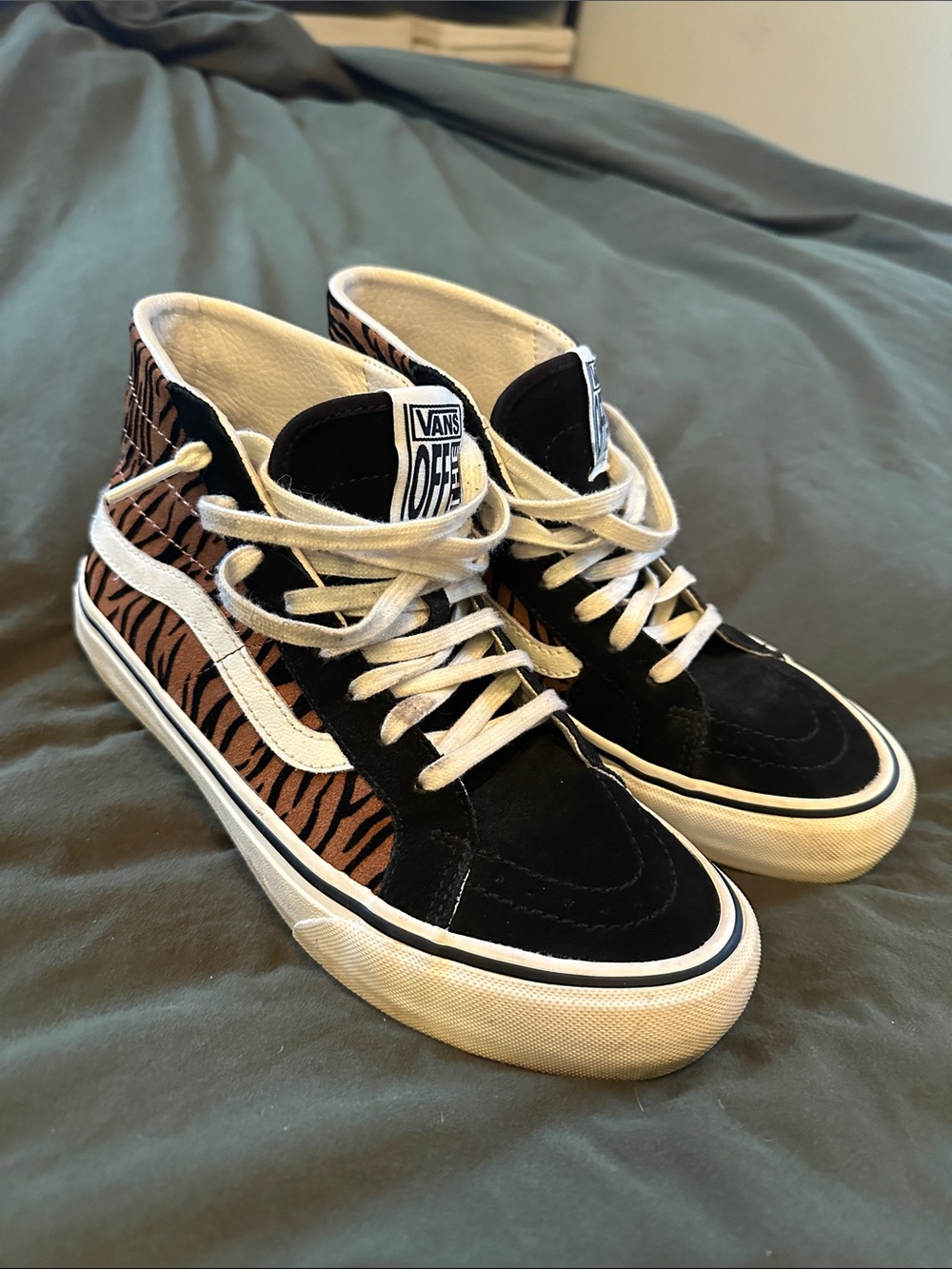 Vans High-Top Sneakers in Black, White & Brown Tiger Print